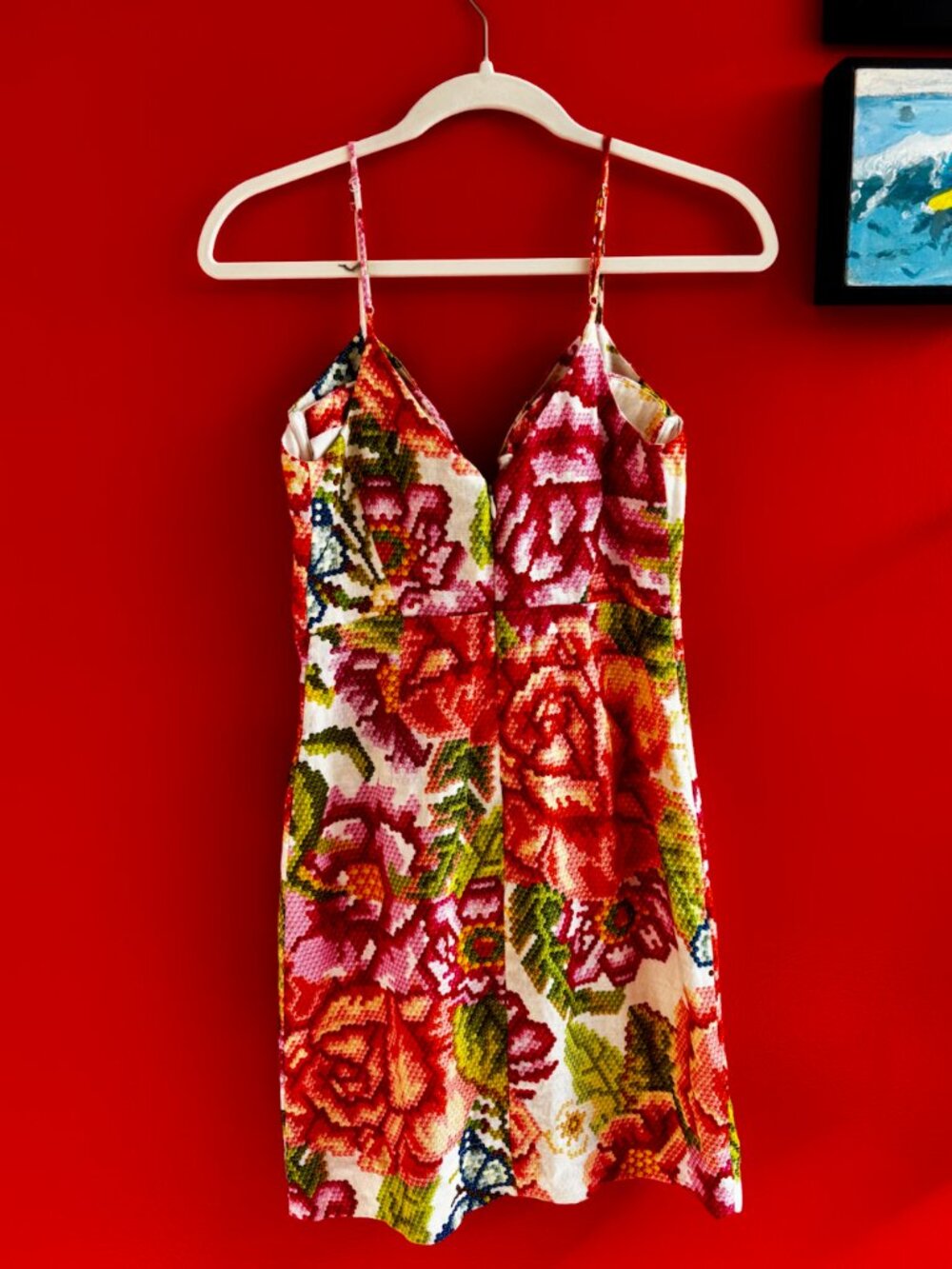 Farm Rio Cross-Stitch Floral Tapestry Bustier Mini Dress (Size XS)